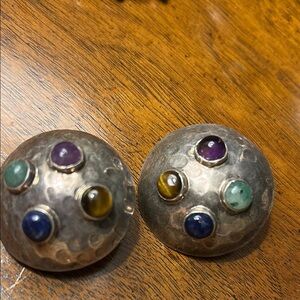 Silver Dome Clip Earrings with Multicolor Stones
(Marked Mexico 325 TM-136
